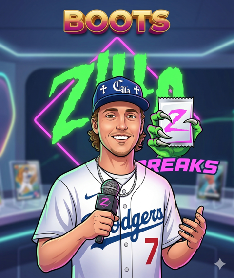 Cartoon illustration of Boots, Zilla Breaks stream host, in a Dodgers jersey holding a microphone