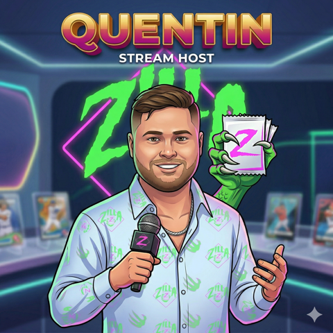 Cartoon illustration of Quentin, Zilla Breaks stream host, holding a microphone