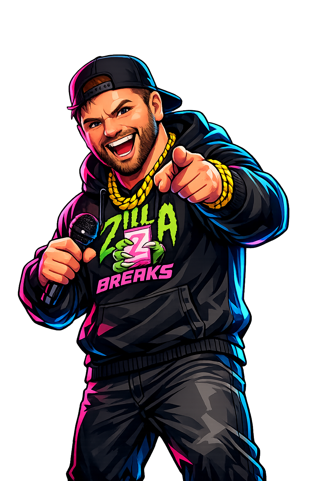 Cartoon illustration of Quintin, Zilla Breaks stream host, holding a microphone