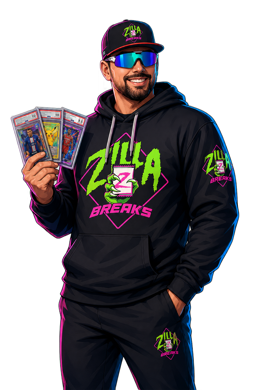 Cartoon illustration of Trey, Zilla Breaks stream host, in Zilla Breaks gear holding three graded card slabs