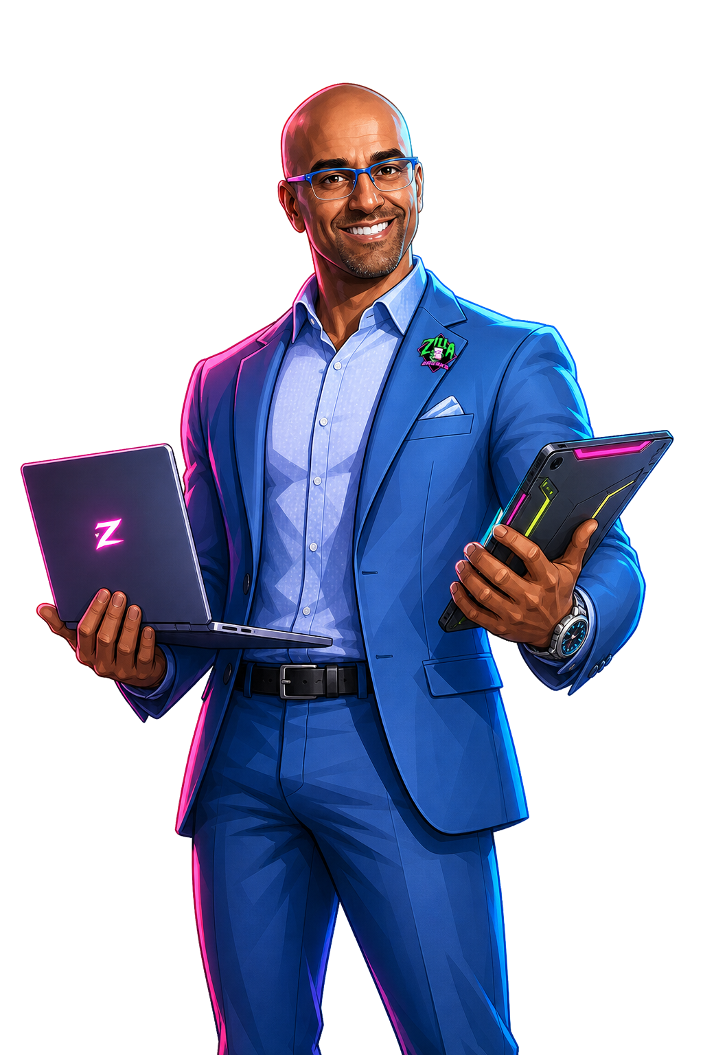 Cartoon illustration of Adil Wali in a blue suit holding a laptop and tablet