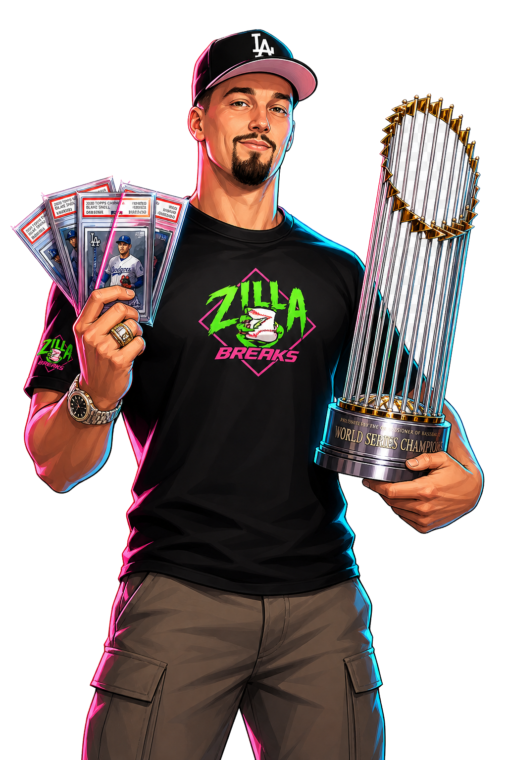 Cartoon illustration of Blake Snell holding baseball cards and a World Series trophy