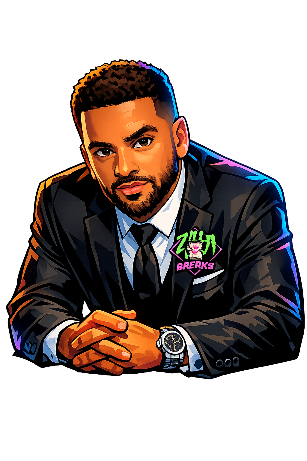Cartoon illustration of Daveed Cohen in a dark suit and tie with a Zilla Breaks pocket square, hands folded