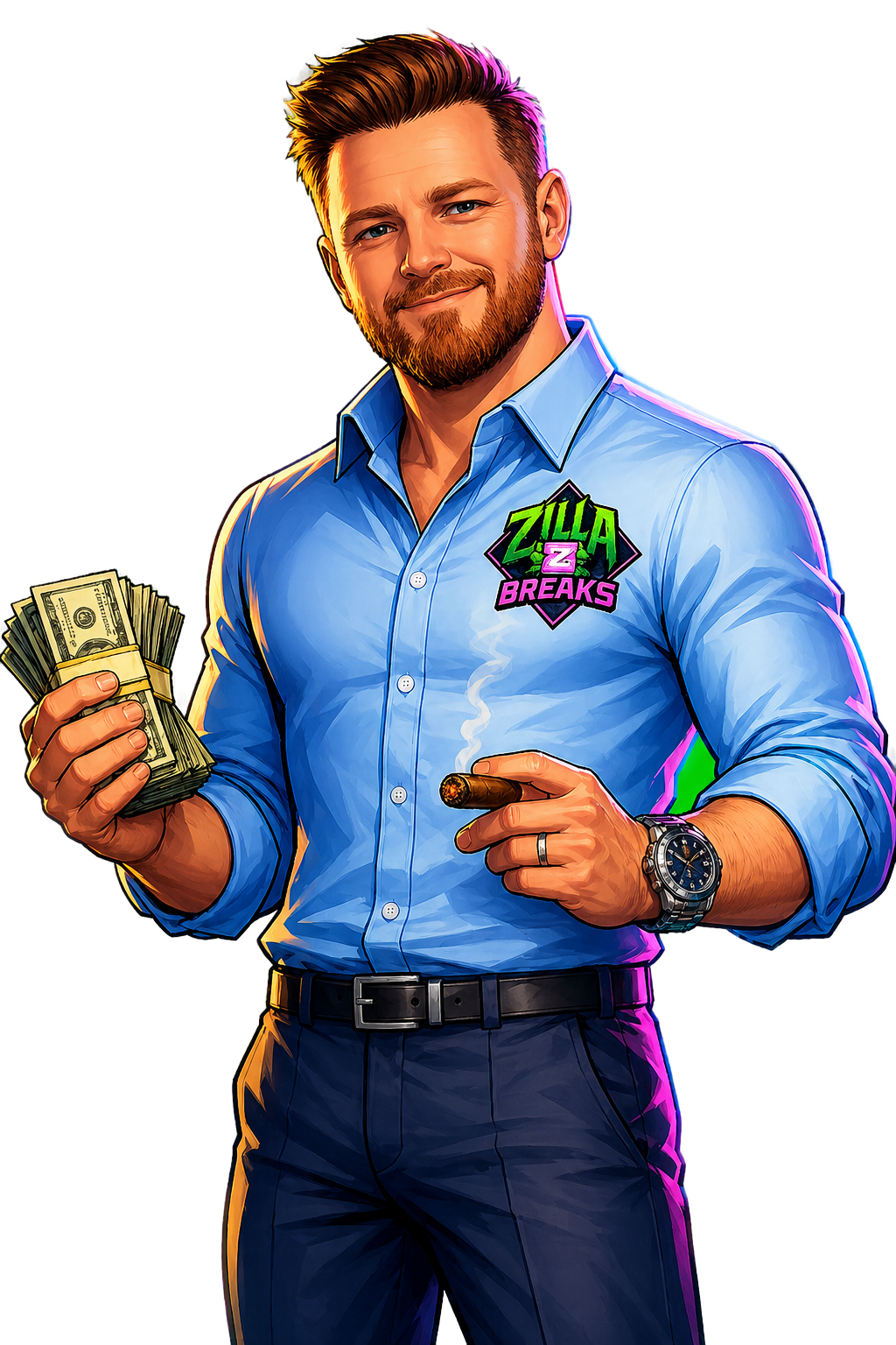 Cartoon illustration of Gerard Figurelli in a blue button-down with the Zilla Breaks logo, holding a stack of bills and a cigar